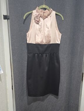 London Times Pink and Black Sleeveless Midi Sheath Dress with Rosette Detail